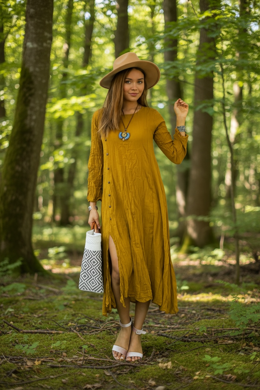 Minimalist Bohemian Cotton Gauze Dress – Mustard