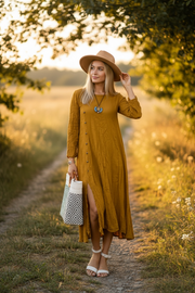Minimalist Bohemian Cotton Gauze Dress – Mustard