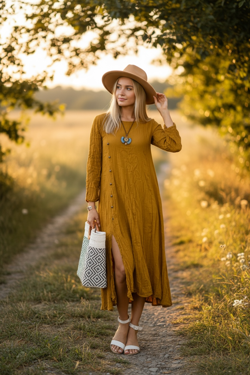 Minimalist Bohemian Cotton Gauze Dress – Mustard