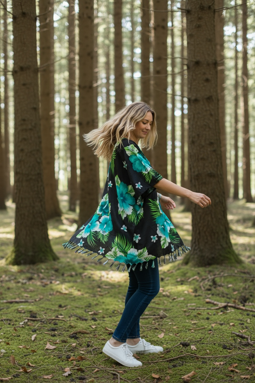 Green Hibiscus Kaftan Blouse