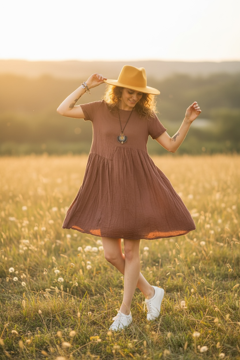 Clay Brown Organic Crinkled Cotton Gauze Dress