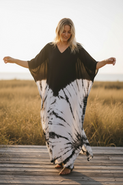 Dusk & Dawn Kaftan – Black & White Hand-Dyed Boho Maxi Dress (M–3XL)