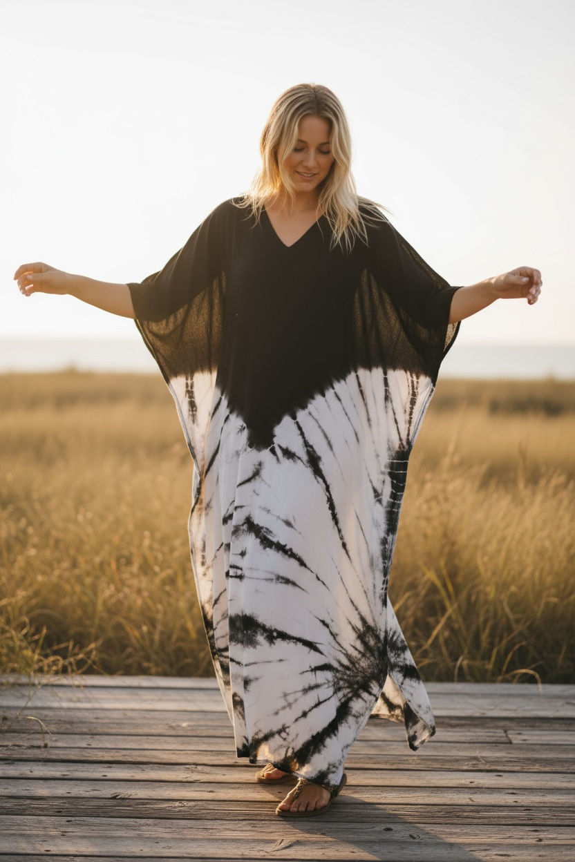 Dusk & Dawn Kaftan – Black & White Hand-Dyed Boho Maxi Dress (M–3XL)