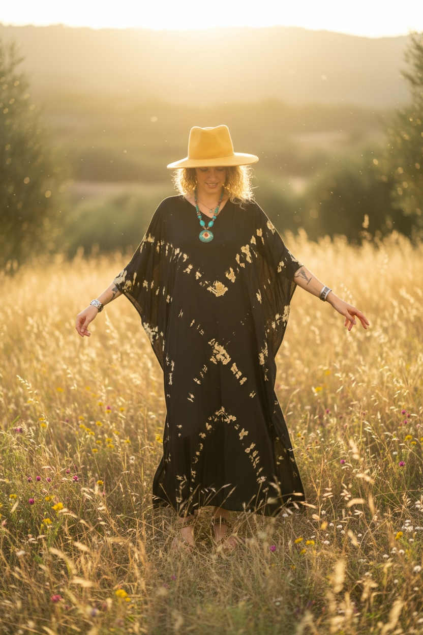 Golden Drift Kaftan – Black & Gold Hand-Dyed Boho Maxi Dress (M–3XL)