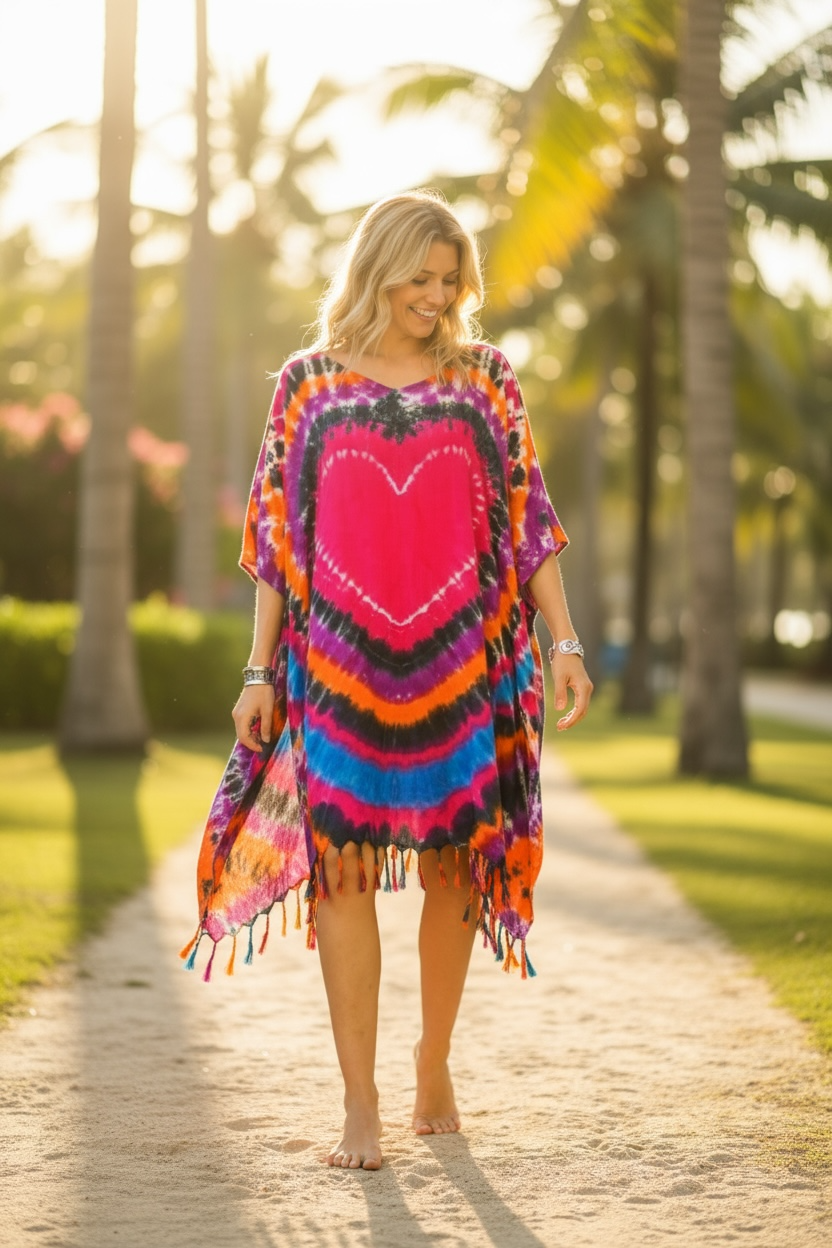 Wild Heart Tie Dye Kaftan – Boho Heart Print Oversized Dress (M–4XL)