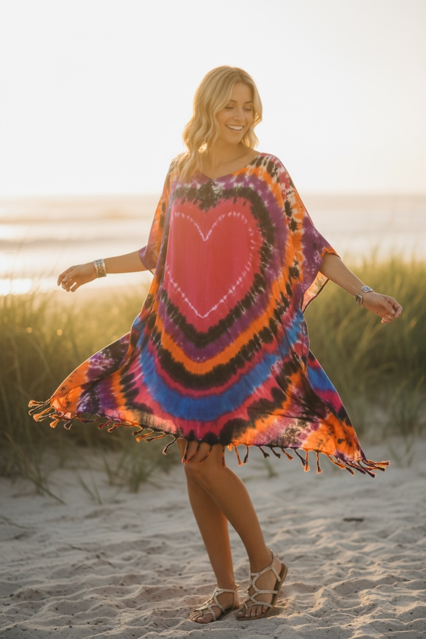 Wild Heart Tie Dye Kaftan – Boho Heart Print Oversized Dress (M–4XL)