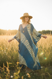 Ocean Dune Waves Kaftan – Hand-Dyed Shibori Boho Maxi Dress, Teal Blue (M–3XL)