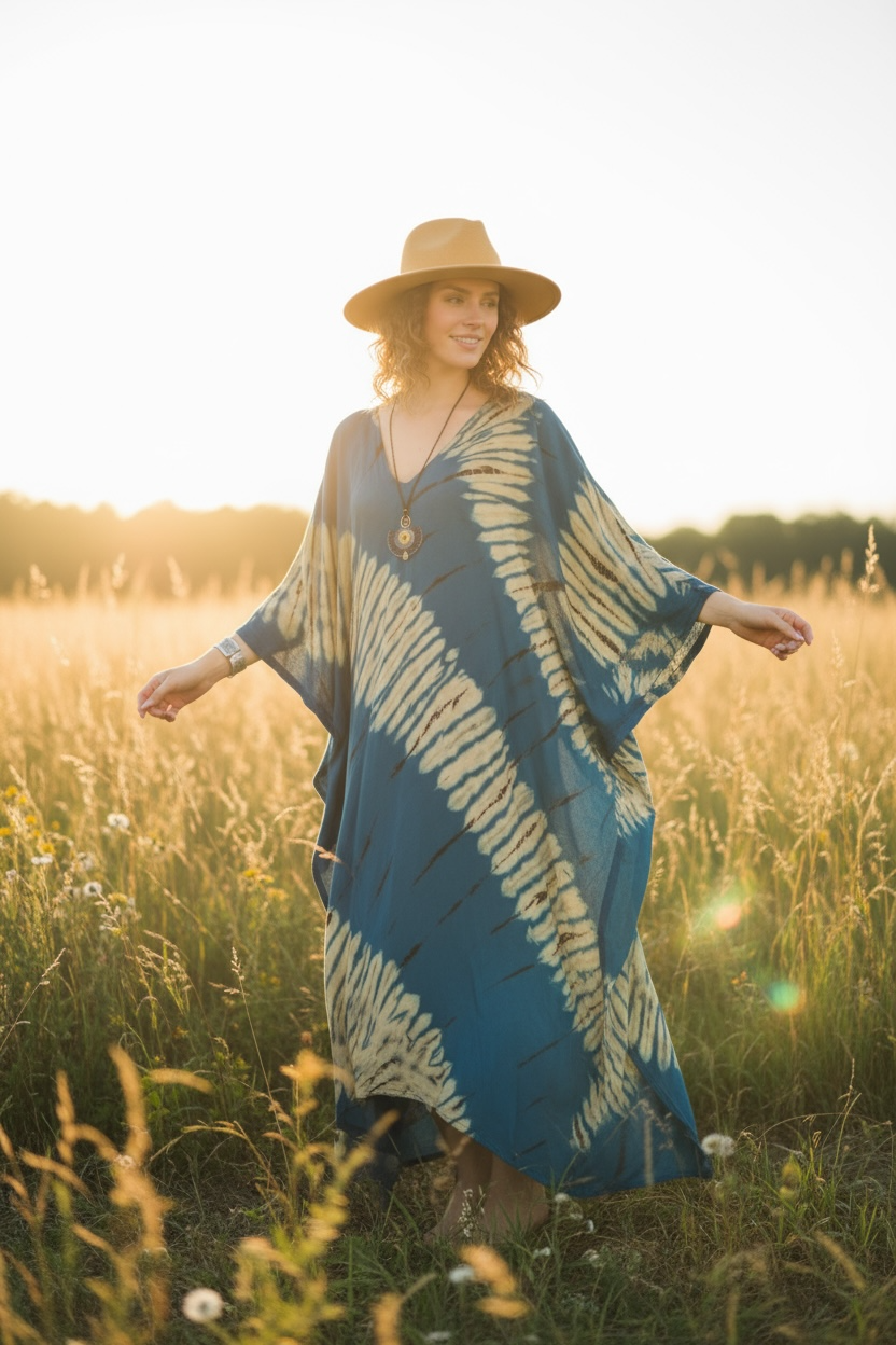 Ocean Dune Waves Kaftan – Hand-Dyed Shibori Boho Maxi Dress, Teal Blue (M–3XL)