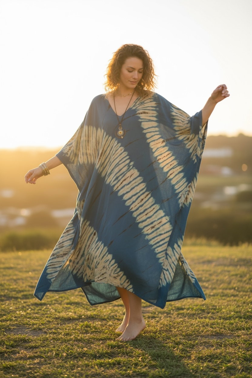 Ocean Dune Waves Kaftan – Hand-Dyed Shibori Boho Maxi Dress, Teal Blue (M–3XL)