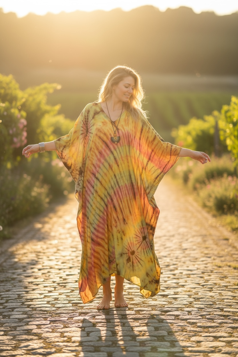 Harvest Sun Waves Kaftan – Hand-Dyed Shibori Boho Maxi Dress, Golden Earth Tones (M–3XL)