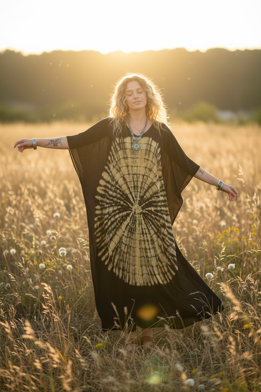Eclipse Sunburst Waves Kaftan – Hand-Dyed Shibori Boho Maxi Dress, Black & Gold (M–4XL)