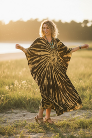 Solar Waves Kaftan – Black & Gold Spiral Tie Dye Boho Maxi Dress (M–3