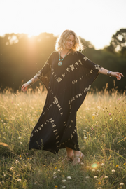 Golden Drift Kaftan – Black & Gold Hand-Dyed Boho Maxi Dress (M–3XL)