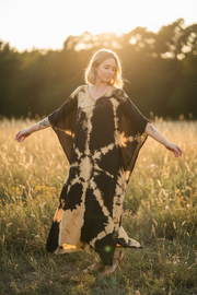 Golden Eclipse Waves Kaftan – Hand-Dyed Shibori Boho Maxi Dress, Black & Sand