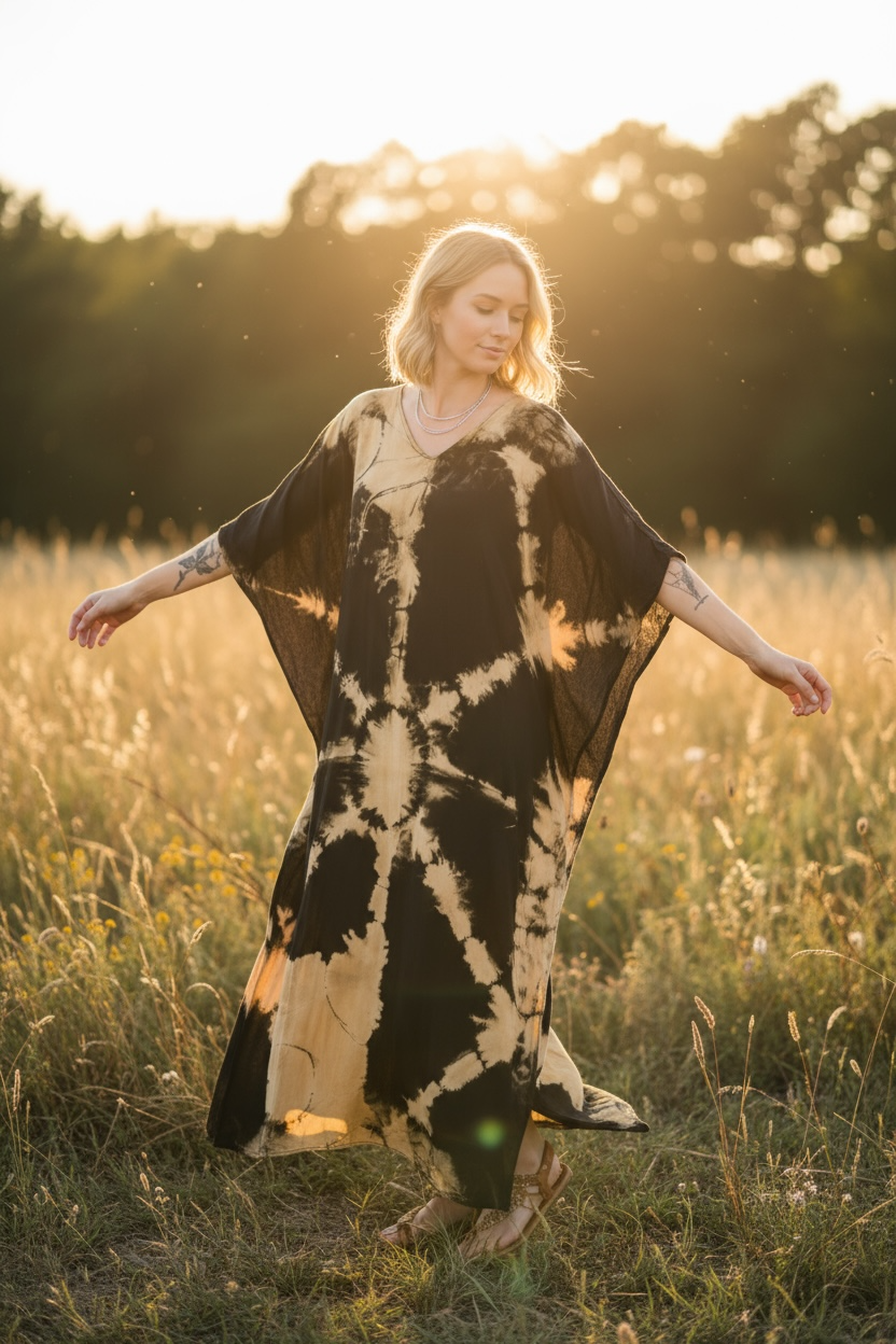 Golden Eclipse Waves Kaftan – Hand-Dyed Shibori Boho Maxi Dress, Black & Sand