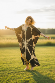 Golden Eclipse Waves Kaftan – Hand-Dyed Shibori Boho Maxi Dress, Black & Sand