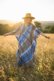 Ocean Stone Waves Kaftan – Hand-Dyed Shibori Boho Maxi Dress, Blue & Gray (M–4XL)
