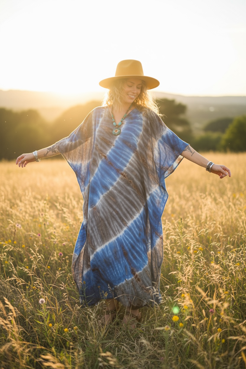 Ocean Stone Waves Kaftan – Hand-Dyed Shibori Boho Maxi Dress, Blue & Gray (M–4XL)