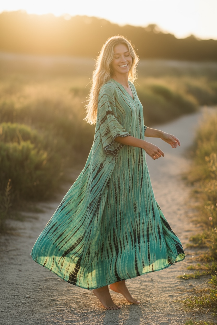 Seafoam Drift Kaftan – Hand-Dyed Shibori Boho Maxi Dress in Aqua Green (M–3XL)