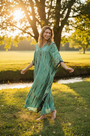 Seafoam Drift Kaftan – Hand-Dyed Shibori Boho Maxi Dress in Aqua Green (M–3XL)