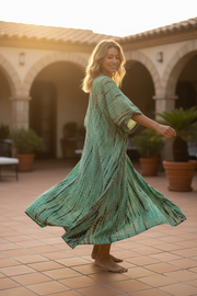 Seafoam Drift Kaftan – Hand-Dyed Shibori Boho Maxi Dress in Aqua Green (M–3XL)