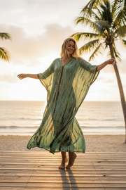 Seafoam Drift Kaftan – Hand-Dyed Shibori Boho Maxi Dress in Aqua Green (M–3XL)