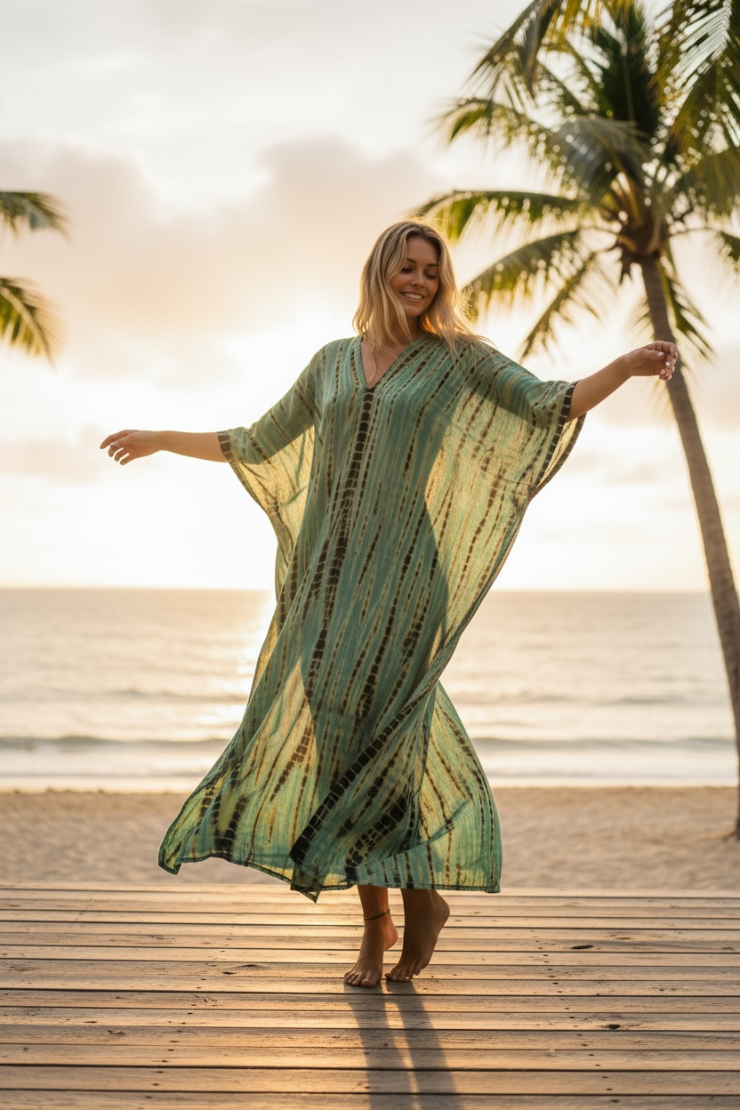 Seafoam Drift Kaftan – Hand-Dyed Shibori Boho Maxi Dress in Aqua Green (M–3XL)