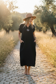 Black Ease Kaftan Dress | Minimalist Organic Cotton Double Gauze Dress