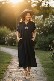 Black Ease Kaftan Dress | Minimalist Organic Cotton Double Gauze Dress