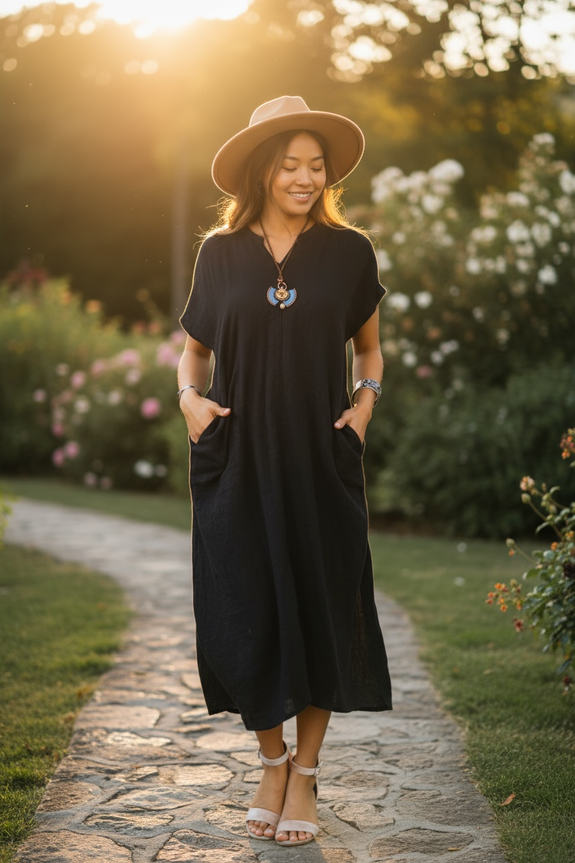 Black Ease Kaftan Dress | Minimalist Organic Cotton Double Gauze Dress