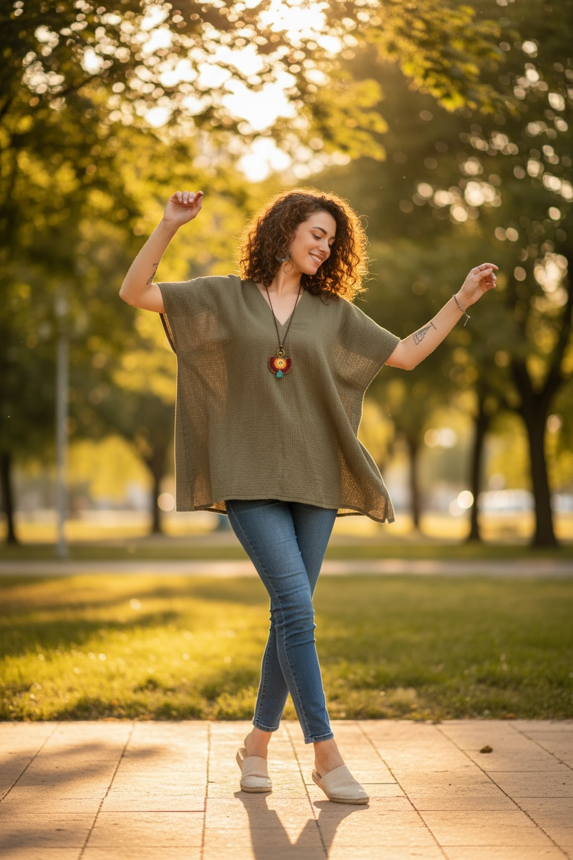 Olive Double Gauze Kaftan Top