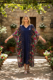 Navy Blue Floral Kimono Kaftan Dress
