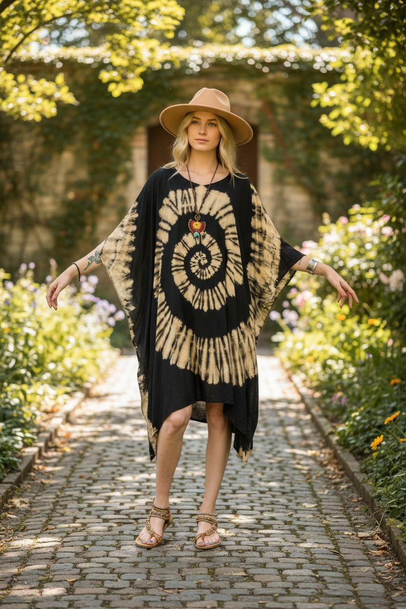 Eclipse Swirl Tie Dye Kaftan Dress – Boho Oversized Caftan, Loose Fit Beach Cover Up