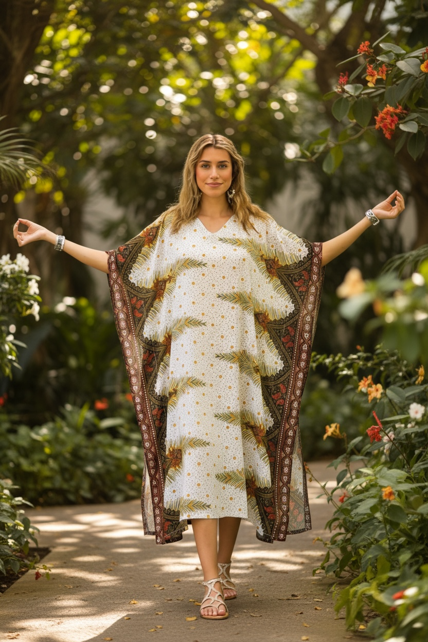 Golden Palm Waves Kimono Kaftan Dress