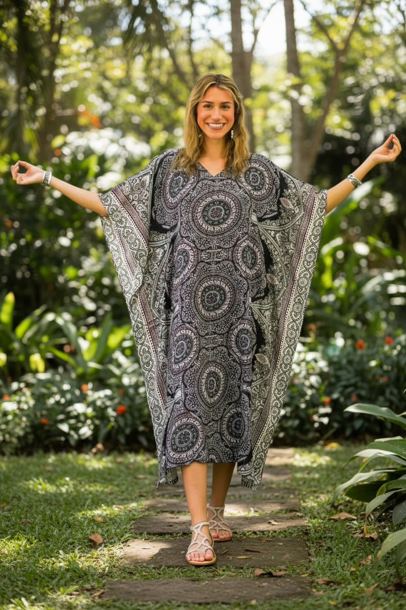 Monochrome Mandala Kimono Kaftan Dress