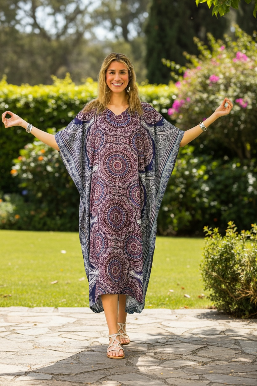 Purple Lavender Mandala Kimono Kaftan Dress