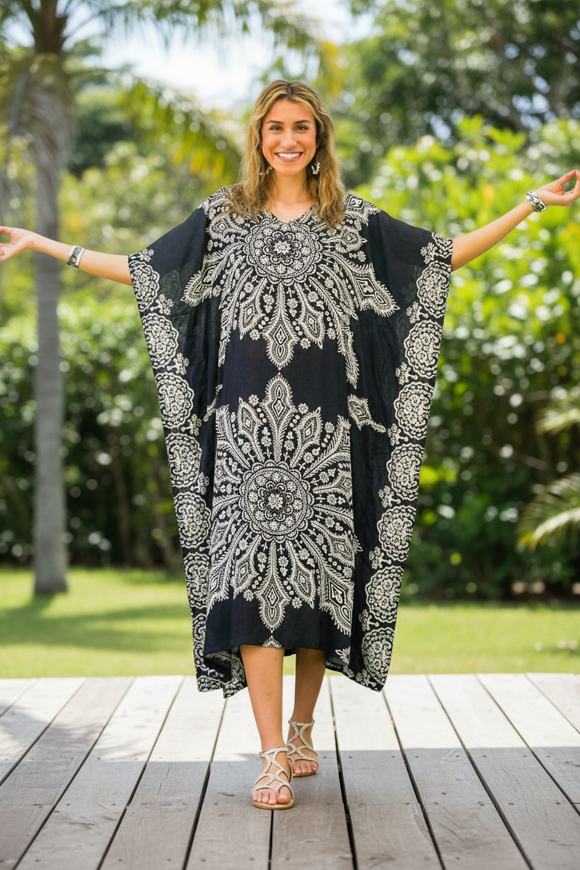 Black Butterfly Mandala Kimono Kaftan Dress