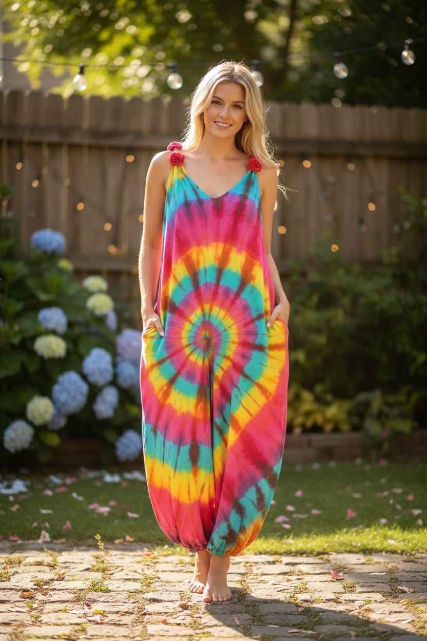 Tie Dye Dungarees Jumpsuit Romper, Loose Fit Boho One Piece Outfit, Festival Jumpsuit