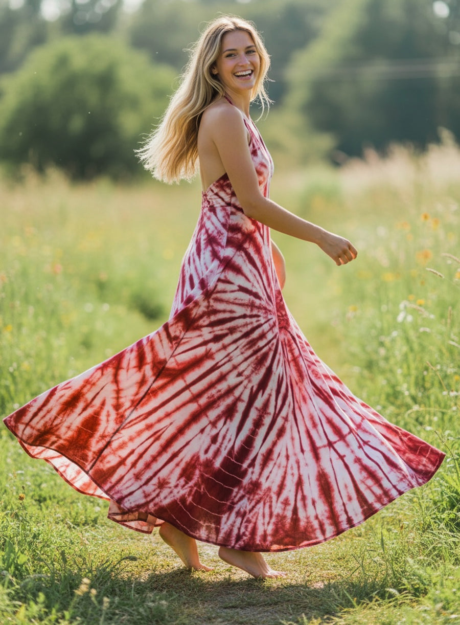Crimson Sunset Shibori Maxi Dress