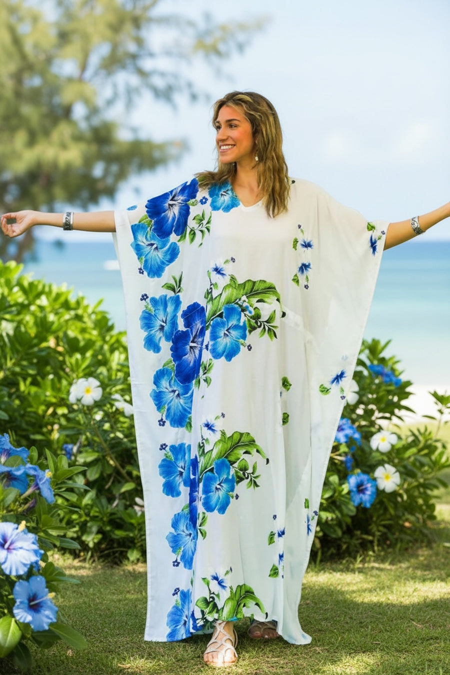 Blue White Hibiscus Kaftan