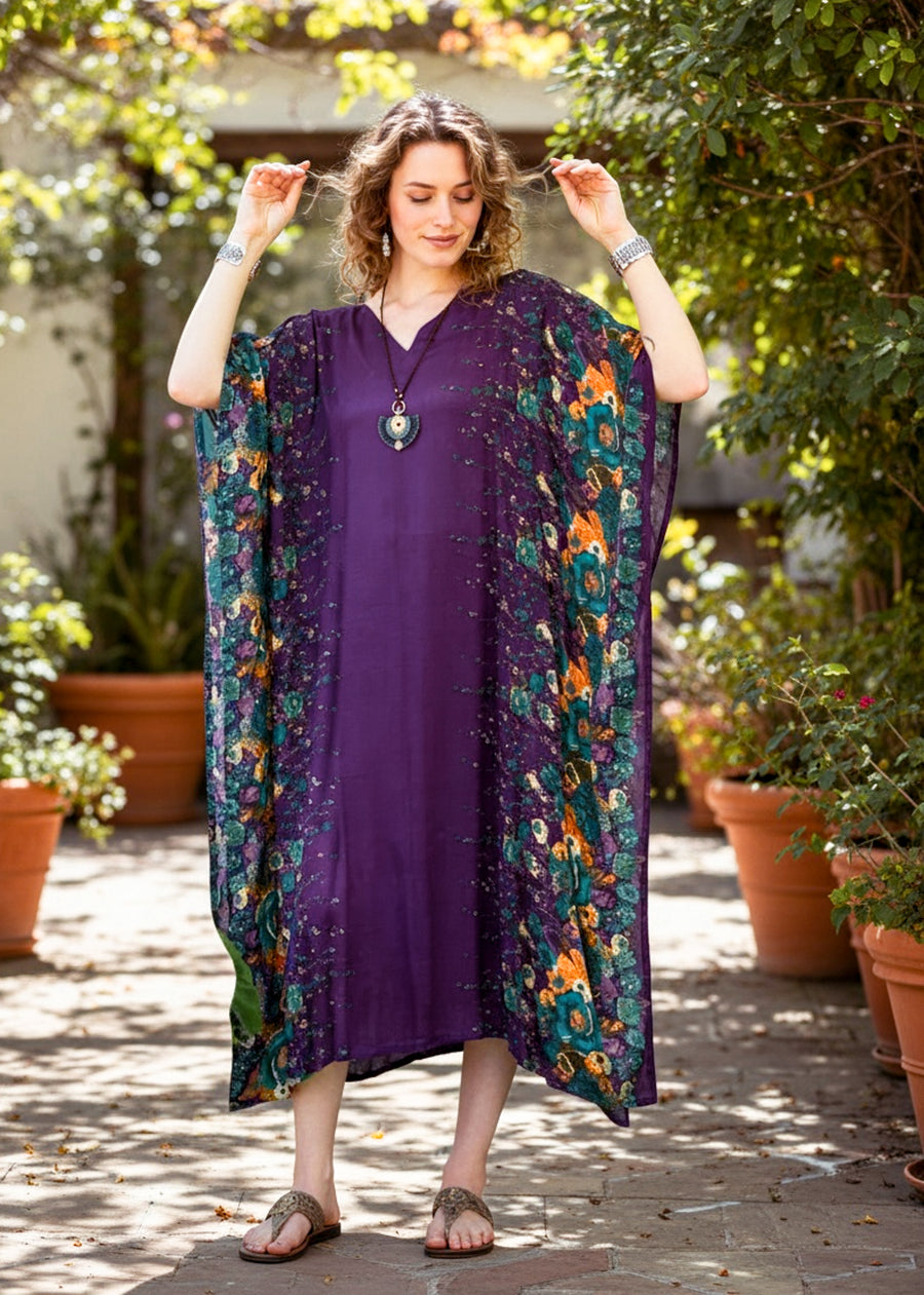 Purple Floral Kimono Kaftan Dress