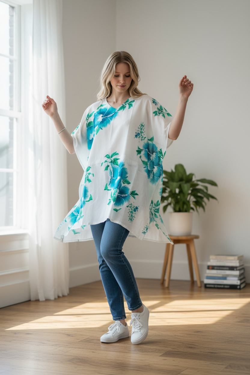 Teal Hibiscus Tunic Top – Boho Oversized Blouse, Floral Kaftan Top, Lightweight Summer Shirt