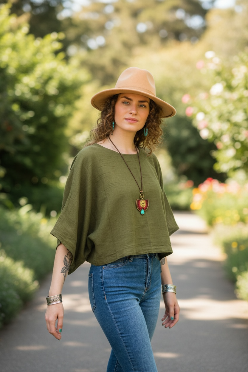 Olive Earth Gauze Top