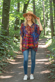 Solar Bloom Tie-Dye Kaftan Blouse – Boho V-Neck Flowing Top