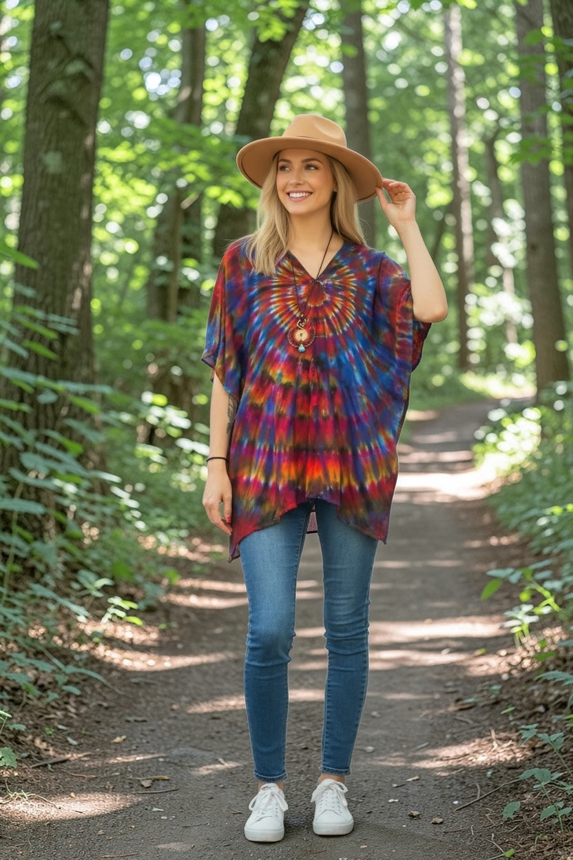 Solar Bloom Tie-Dye Kaftan Blouse – Boho V-Neck Flowing Top