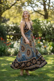 Midnight Mandala Halter Maxi Dress
