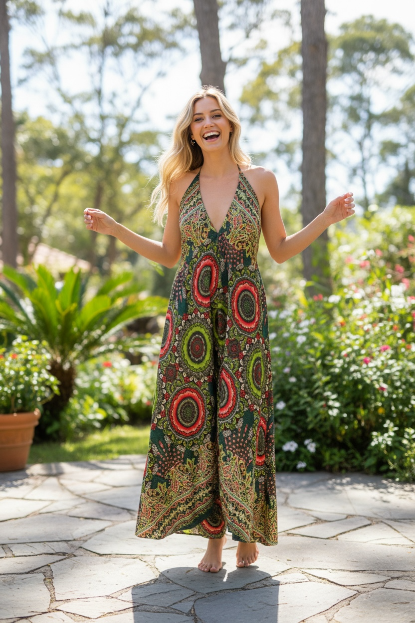 Emerald Mosaic Halter Maxi Dress