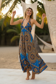 Azure Mandala Halter Maxi Dress