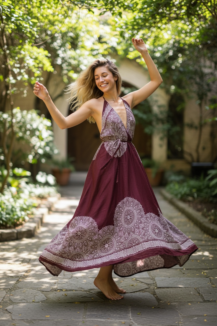 Burgundy Mandala Halter Maxi Dress