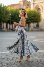 Indigo Elephant Stripe Halter Maxi Dress